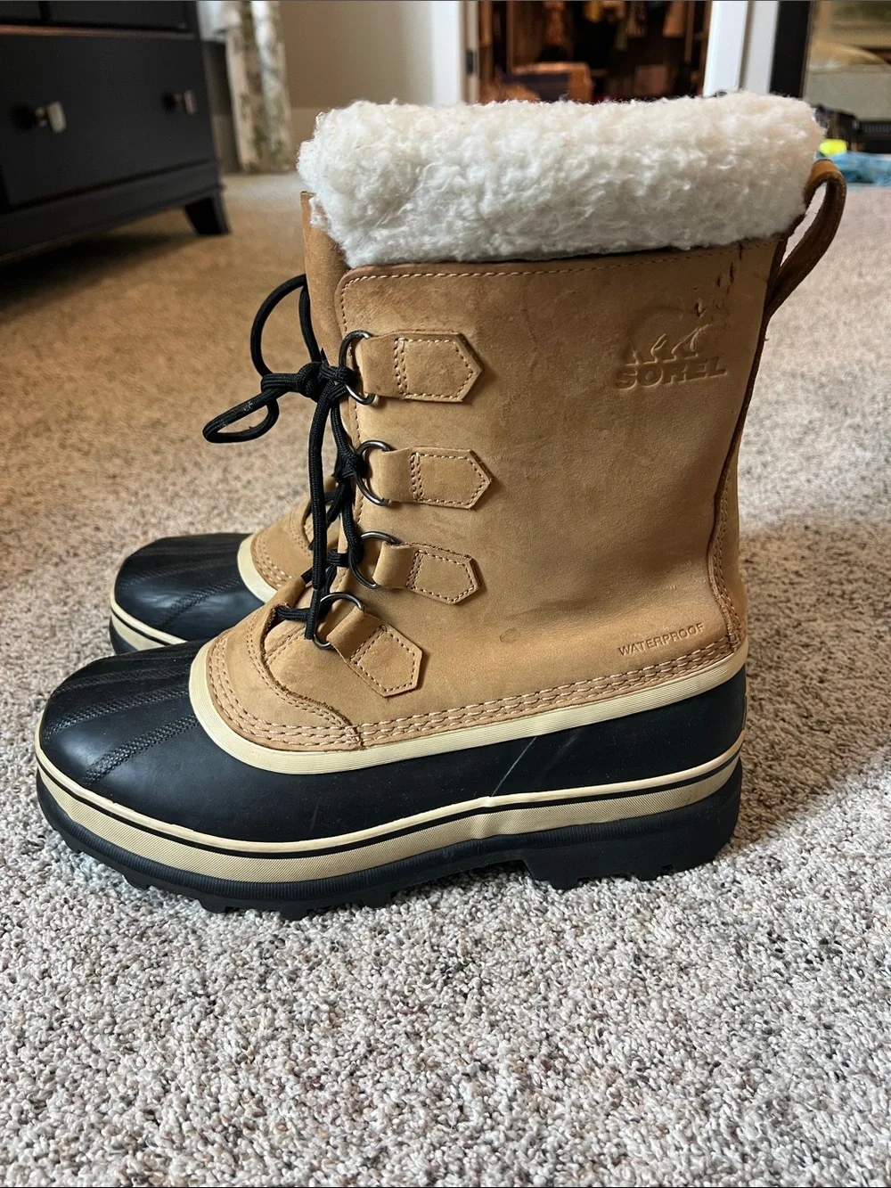 Sorel Tan and Black Shearling-Trim Winter Lace-Up Boots